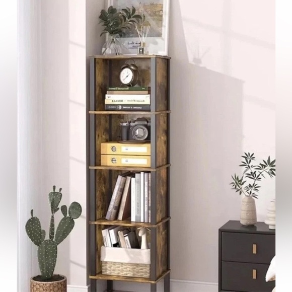 LAATOOREE 5 Tier Narrow Bookshelf, 4 Cube Bookcase Rustic Brown NEW - Picture 1 of 3